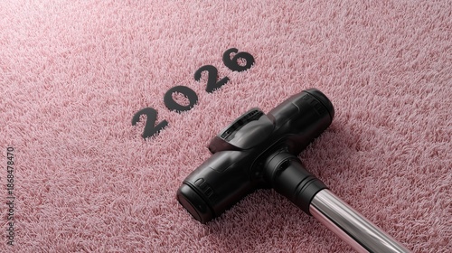 Cleaning a pink carpet with a vacuum cleaner showing 2026 on the floor
