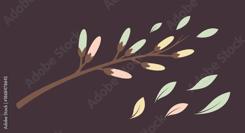 A delicate pussy willow branch with pastel-colored buds and falling leaves, illustrated in a simple, gentle vector style.