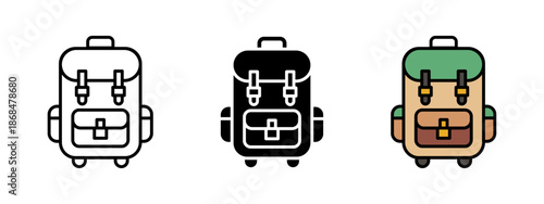 Backpack icon. Travel and tourism rucksack illustration for luggage, camping and hiking. Backpack pictogram in outline, solid and colored styles, isolated on white background.