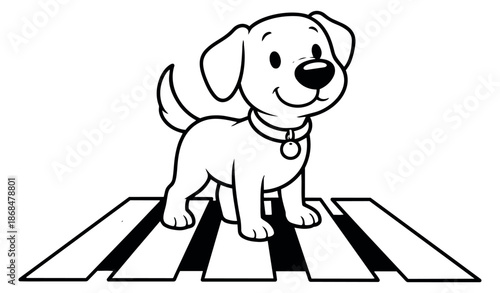 Hand drawn line art illustration of a cute puppy depicting standing on a crosswalk for road safety education