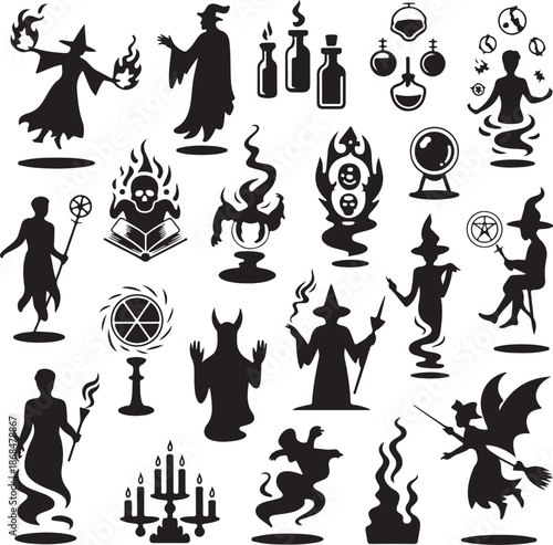 black silhouettes of magic and witchcraft symbols and characters on white background