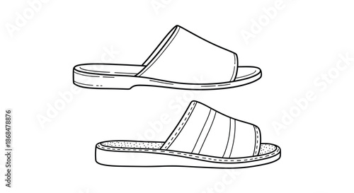Black and white line art illustration of two different styles of open-toed house slippers for comfortable indoor footwear.