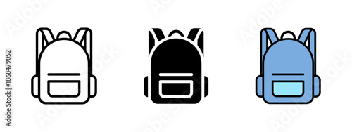 Backpack icon. School backpack illustration for education and student concepts. Bag pictogram in outline, solid and colored styles, isolated on white background.