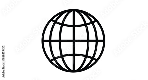 A minimalist black wireframe globe icon representing the world, internet, or global communication on a white background.