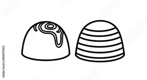 A simple black and white line art illustration of two decorated chocolate bonbons, one striped and one with a swirl.
