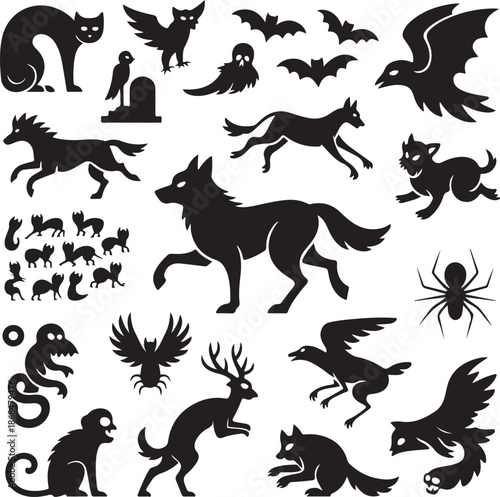 black silhouettes of various animals and mythical creatures on white background