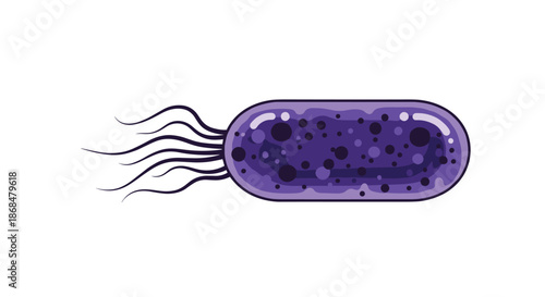 A detailed illustration of a purple bacterium or germ cell with flagella, depicted in a colorful, modern cartoon style.