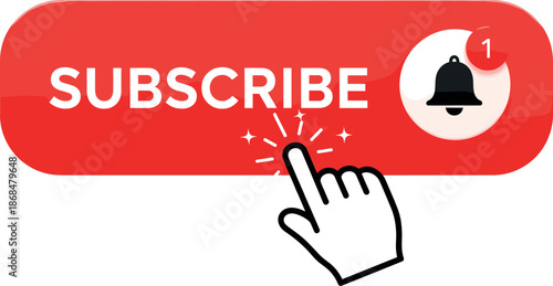 Red subscribe button icon with notification bell alert and hand cursor click 2
