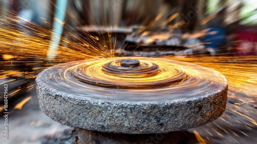 Ancient circular grindstone in motion with flying sparks, gritty texture and warm ambient light. safety posters.