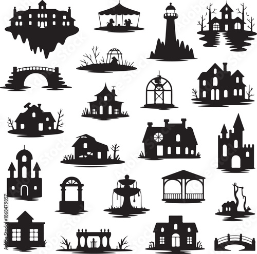 black silhouettes of various buildings and structures on white background