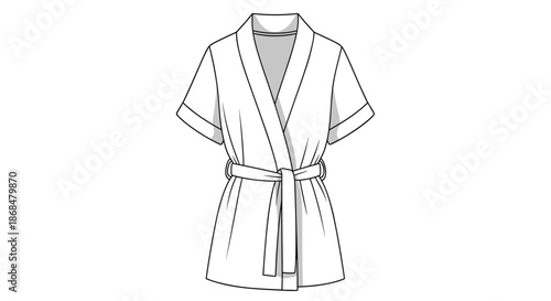 A simple black and white line art technical drawing of a short-sleeved bathrobe with a tie belt for fashion design.