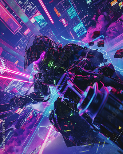 Futuristic AI art poster, surreal digital landscape, neon and cyberpunk color palette, abstract technological forms, glowing data streams, ethereal AI figure