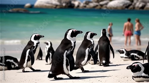 Group of African penguins walking on sandy beach with turquoise water in the background and a person standing in the distance
