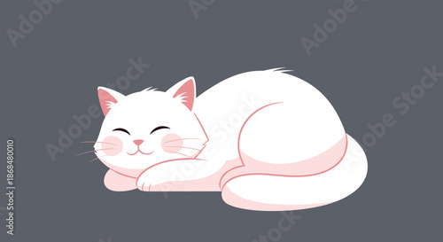 An adorable white cat with pink ears sleeping peacefully with a happy expression, isolated on a solid grey background.