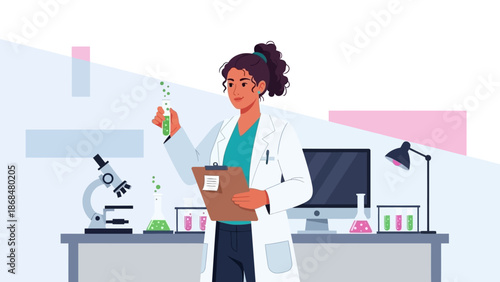 Scientist examining samples in a laboratory setting with various equipment and a computer