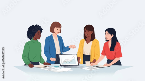Diverse group of professionals collaborating around a table with laptops and documents in a modern office environment from a slightly elevated viewpoint