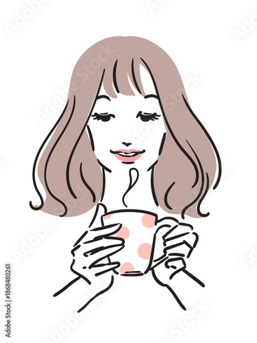 マグカップを手に持つセミロングヘアの女性の線画イラスト
