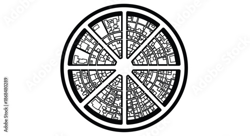 Abstract black and white circular design with intricate geometric patterns resembling a futuristic city map or complex diagram on a white background.
