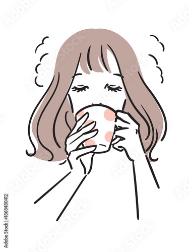 コーヒーをじっくり味わう女性のシンプルな線画イラスト