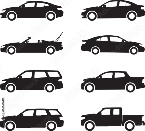 black silhouettes of various cars and trucks on white background