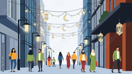 Illustration of people walking in a decorated street with lanterns and crescent moons during a festive evening