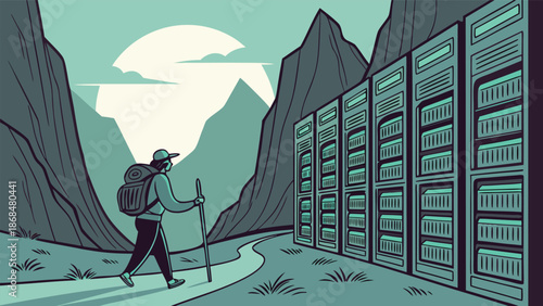 Digital Nomad's Journey: A solitary traveler embarks on a digital pilgrimage, their path paved by a line of towering server racks against a backdrop of majestic mountains and a setting sun.
