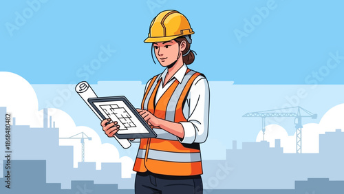 Female construction worker reviewing blueprints on a building site