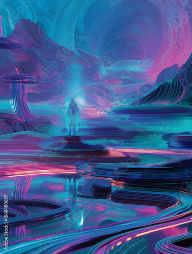 Futuristic AI art poster, surreal digital landscape, neon and cyberpunk color palette, abstract technological forms, glowing data streams, ethereal AI figure