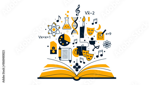 Open book with various science and art symbols emerging from its pages, representing knowledge and creativity