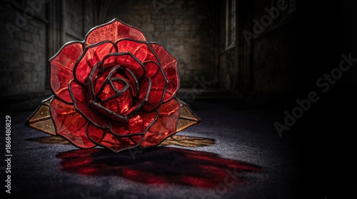 Dramatic red stained glass rose casting a deep red shadow on a dark, textured surface in an atmospheric, dimly lit interior