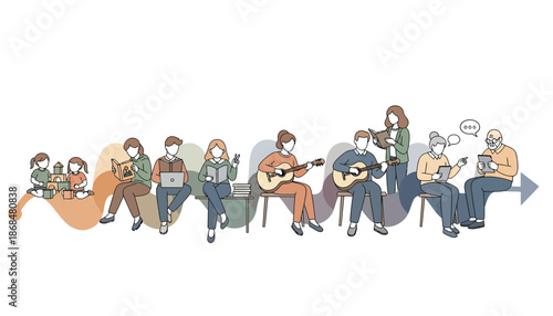 A group of people playing various musical instruments together in a relaxed outdoor setting