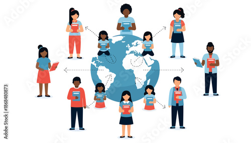 Diverse group of people from around the world connecting and interacting with each other around a large globe