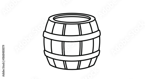 Black and white outline illustration of a classic wooden barrel or cask, used for storing wine, beer, or other goods, isolated on a white background.
