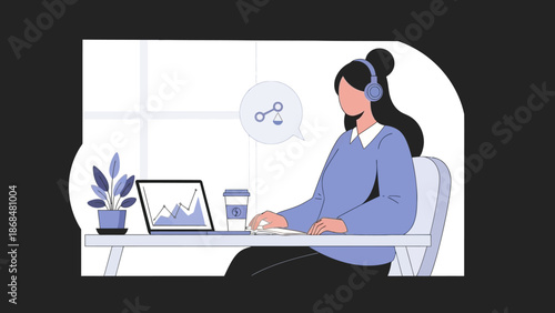 Woman working on laptop at desk with plant and coffee near a window