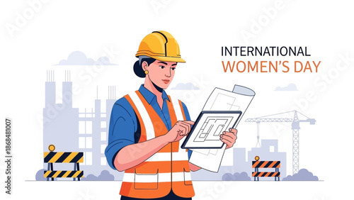 Female Engineer Inspecting Construction Site on International Women's Day