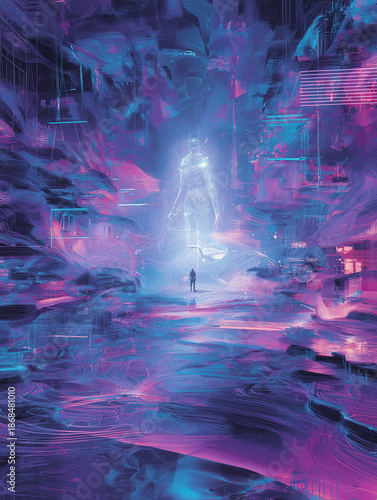 Futuristic AI art poster, surreal digital landscape, neon and cyberpunk color palette, abstract technological forms, glowing data streams, ethereal AI figure