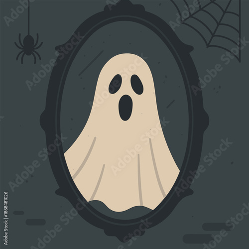 Cute cartoon ghost floating inside an oval mirror with spiderwebs and spooky dark background, playful Halloween-themed illustration