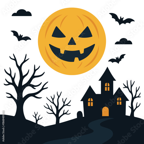 Spooky Halloween night illustration with grinning pumpkin moon over haunted house silhouette, bats flying, and bare trees on eerie landscape