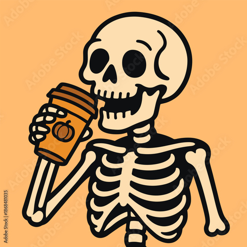 Cartoon skeleton sipping takeaway coffee cup, humorous spooky Halloween-style illustration with bold lines and simple flat pastel background