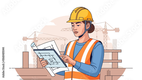 Female engineer reviewing construction plans at a building site