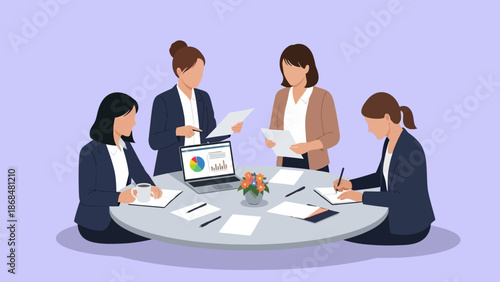 Four professionals collaborating around a table with documents and laptop in a modern office setting