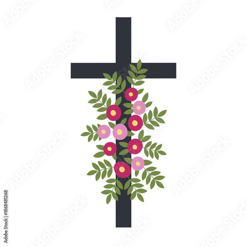 Vector illustration of Christian cross with flowers and leaves. Religious symbol of Easter and faith in flat style. For funeral design, invitation, paschal, flyer, Church celebrating. Hand drawn