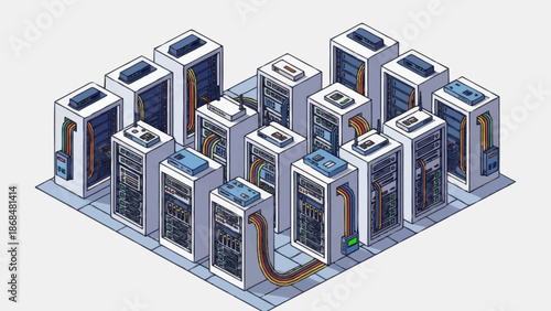 Isometric illustration of a data center with multiple server racks and cabling.