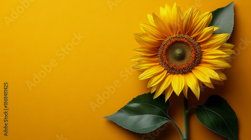 Close-up of stunning golden sunflower with vivid yellow petals and rich green foliage, elegantly set against warm textured yellow backdrop with generous space for text