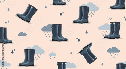 Seamless pattern with dark rain boots, gray clouds, and falling raindrops on a light pink background, creating a cozy and rainy autumn day vibe.