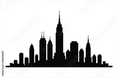 A striking silhouette of a modern city skyline against a white background