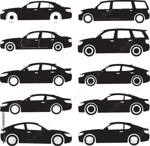 black silhouettes of various cars on white background