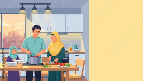 A Muslim family enjoys preparing a meal together in their cozy, modern kitchen during the day