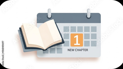 A calendar with a book on the left side and a new chapter marked on the first day of the month with a white background with productivity and goal setting