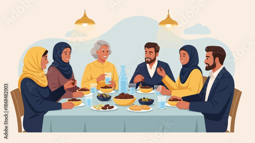 A diverse Muslim family gathers around a table for a celebratory meal, sharing food and conversation